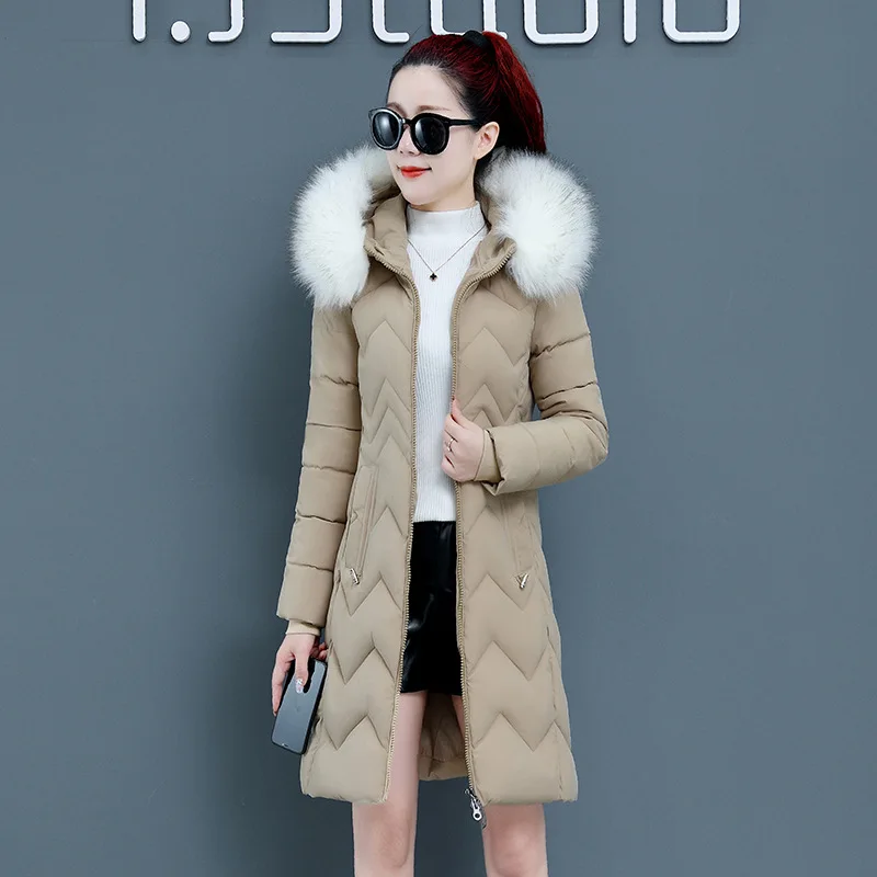 Winter Jacket Women  Korean Version Mid-length Slim Big Fur Collar  Thicken Keep Warm Draw Back Cotton Jacket Coat