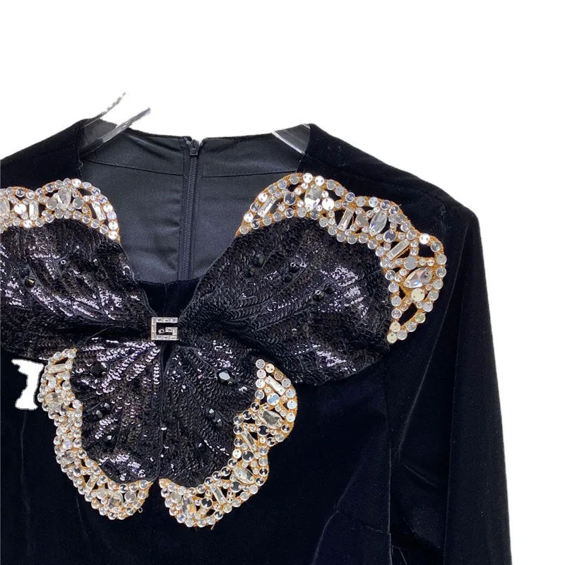 

High Quality Women Hepburn Temperament French Heavy Industry Handmade Butterfly Decoration Velvet Long Dress Black