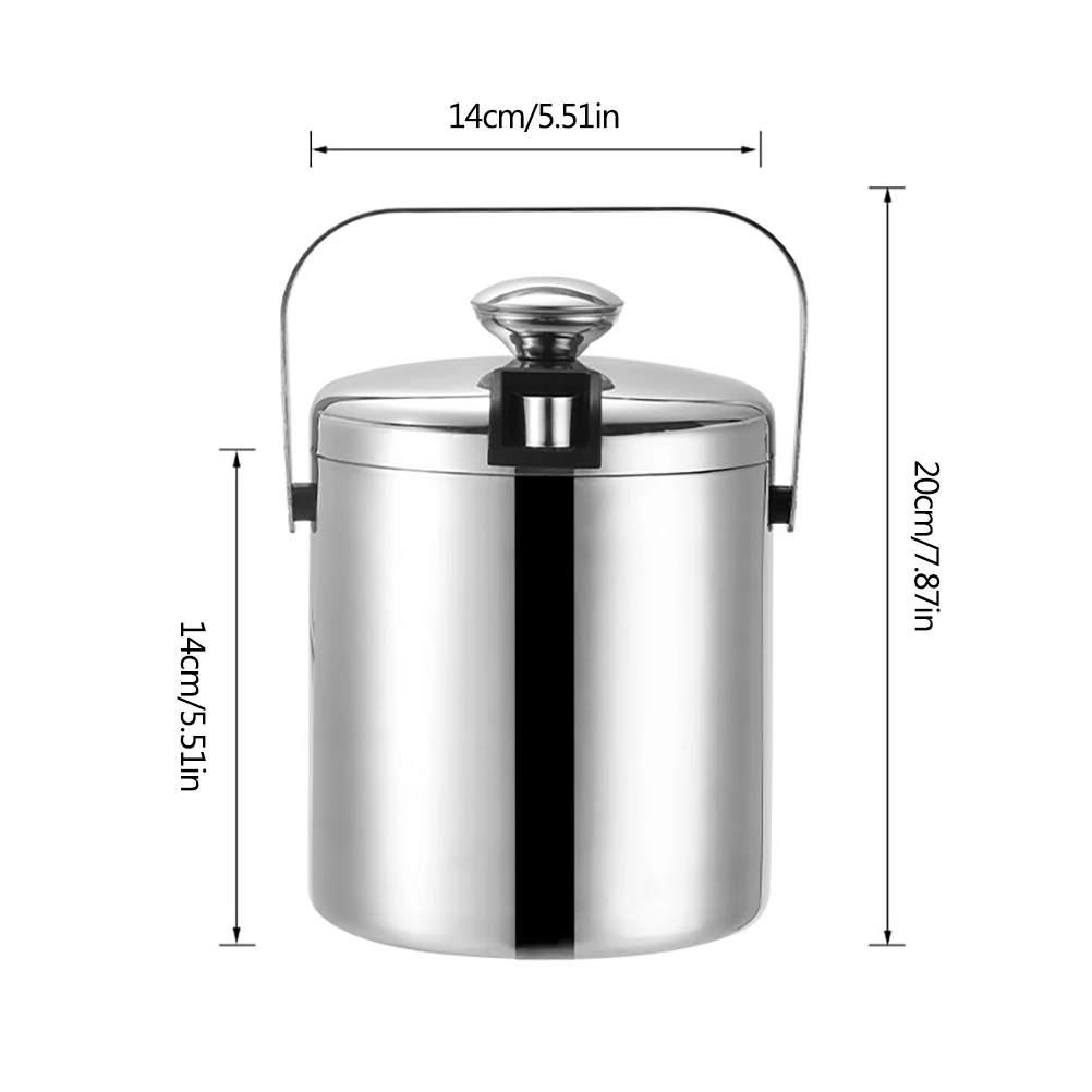 

1.3L Ice Bucket with Lid and Strainer Stainless Steel Ice Bucket Double-wall Ice Cube Container