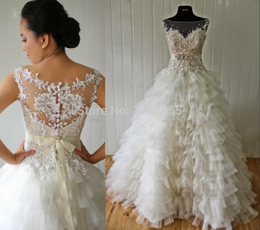 

free shipping hot sexy long tiered romantic Bridal Gown boda 2016 appliques organza casamento vestido de noiva wedding dress