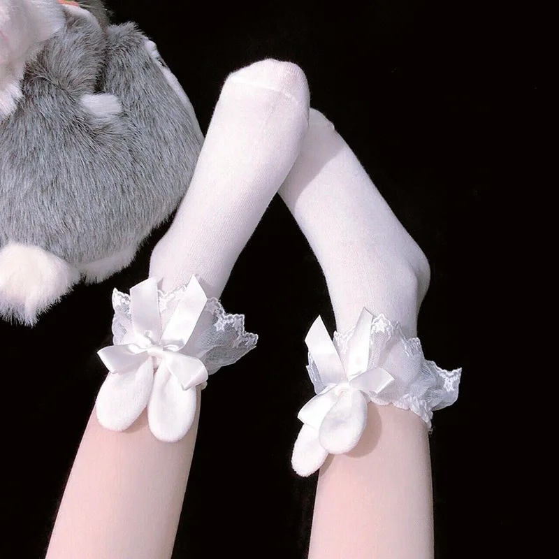 

New Spring and Summer Lolita Girl Three-dimensional Short Rabbit Ear Socks Cute Student Bowknot Cotton Velvet Socks In Tube Lace