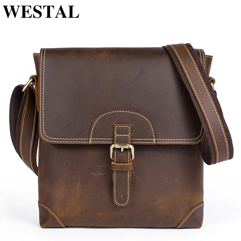 

WESTAL Men's Shoulder Bags for Men Genuine Leather Bag Vintage Crazy Horse Leather Messenger Bags Hasp Crossbody Bags Male 8125
