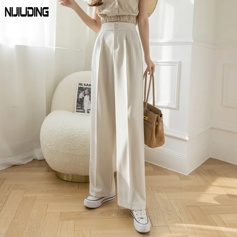 

OL Style Women Elastic High Waist Wide Leg Pants Autumn Loose Straight Pant Female Casual Long Trousers Floor-Length Suits Pants