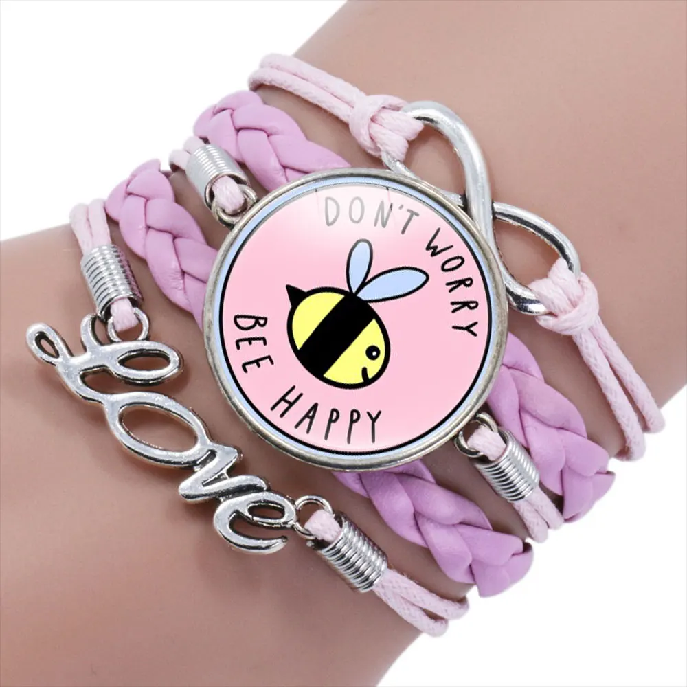 

10PC Love Don't Warry Bee Happy Glass Cabochon Charm leather wrap bracelets & bangles for women men Bee Bracelet Jewelry