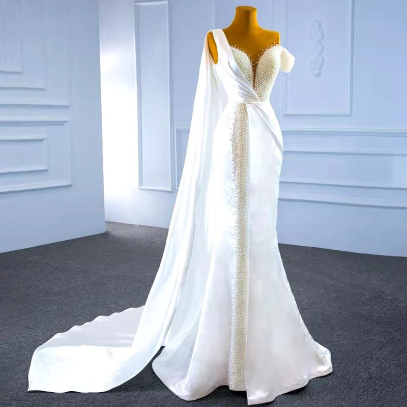 RSM67238 Elegant Slim-fit White One-shoulder Short-sleeved Fishtail Banquet Party Dress 2021 Beaded Deep V-neck Floor Dress