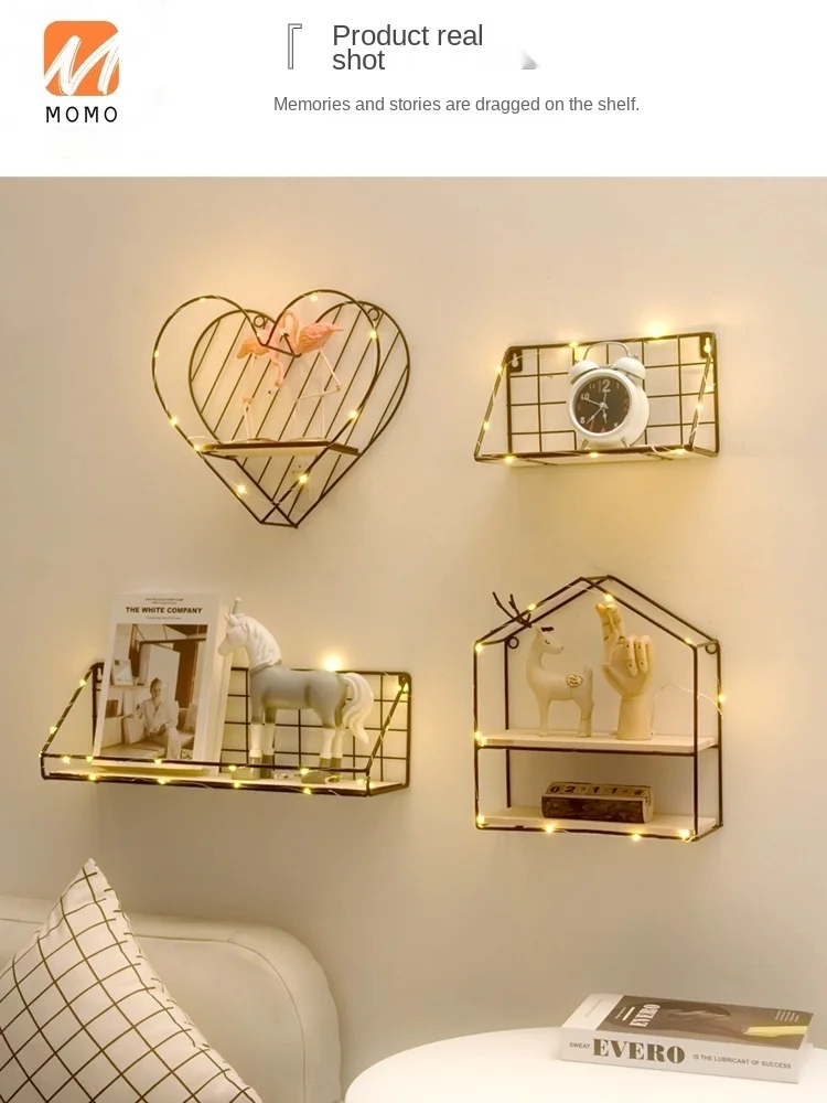 

Punch-Free Wall Shelf Room Decorations Hanging Bedroom Living Room Decoration Shelf Simple Nordic Style Iron Art