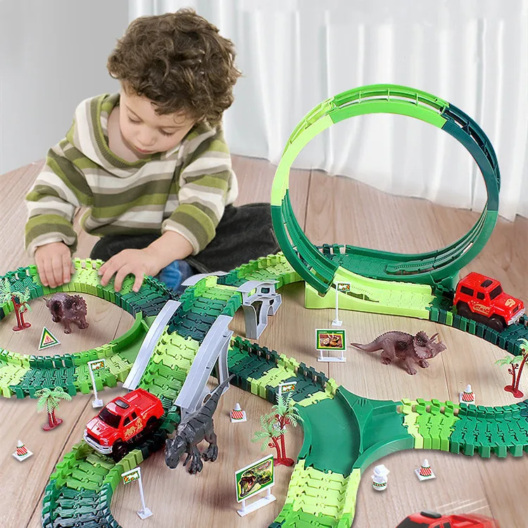 

DIY Dinosaur Race Track Toys Set Flexible Magical Racing Track Railway Car Hanging Bridge Dinosaurs Toy For Boys Girls Gift
