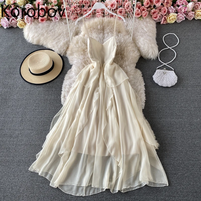 

Korobov 2021 New Chic Robe Femme Solid Color Summer Dress Women Slim Waist A Line Spaghetti Strap Dresses Ruffle Vestidos Mujer