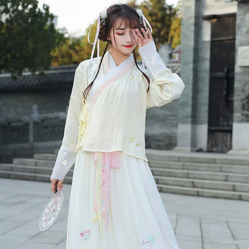 Женское платье с вышивкой Hanfu розовое и желтое повседневное в стиле ретро костюм