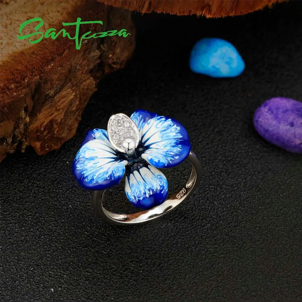 Серебряное кольцо для женщин SANTUZZA, 925 пробы, серебряное, фиолетовое, Цветущий цветок, кольцо с кубическим цирконием, вечерние, шикарные ювелирные изделия ручной работы, эмаль