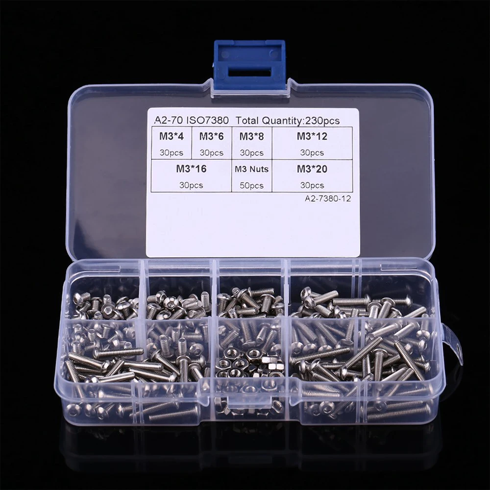 

240pcs M3 Hex Socket Screws Nut Set 304 Stainless Steel Allen Hex Drive Button Head Socket Cap Bolts Fastener Assortment Kit