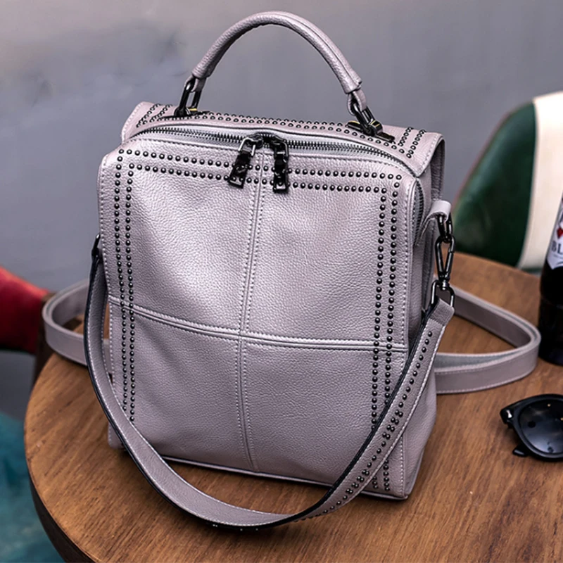 Высококачественный Женский рюкзак из натуральной кожи с заклепками фиолетовые