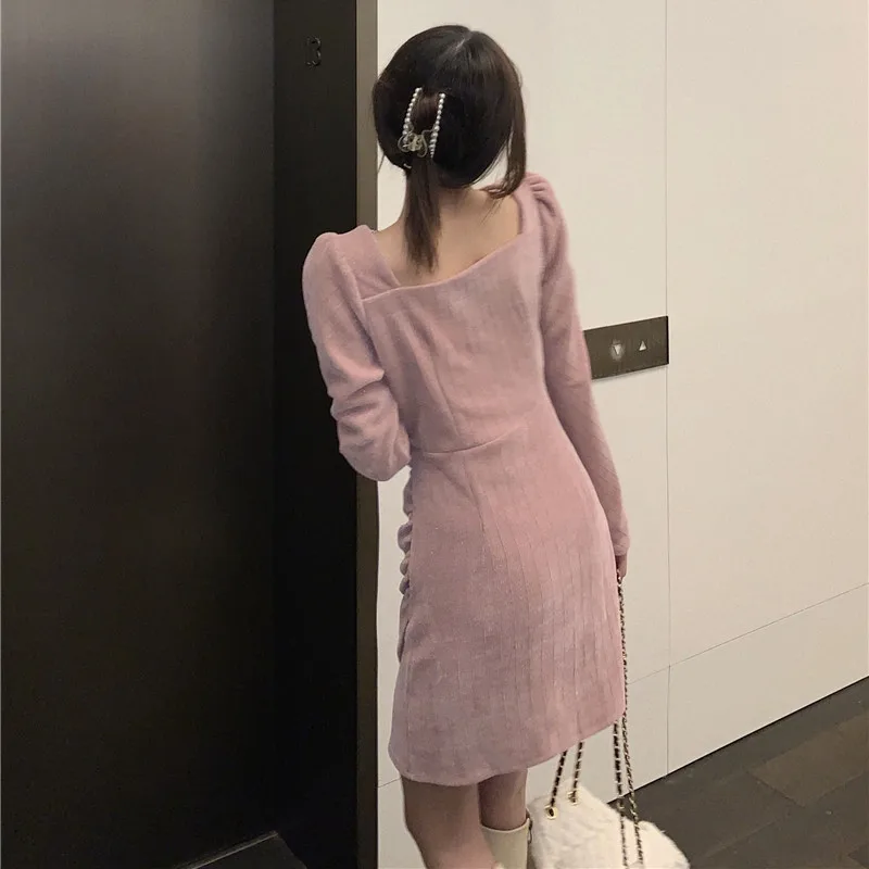 

KUSAHIKI Elegant Square Collar Slim Mini Dresses 2021 Spring New Women Dress Korean Slim High Waist Vestidos De Mujer 6E724