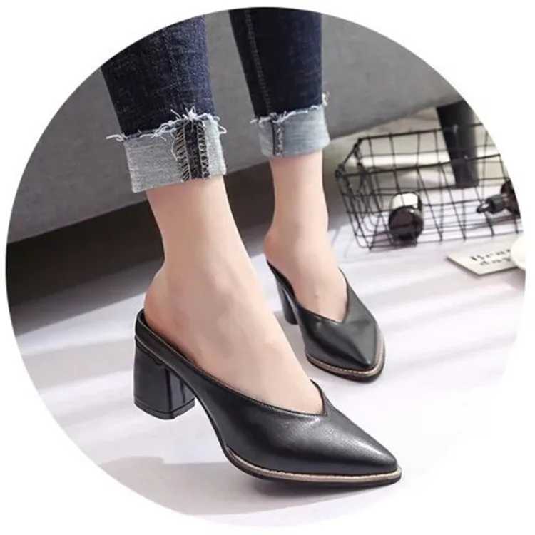 Женские мюли с заостренным носком квадратный каблук сланцы однотонные модные