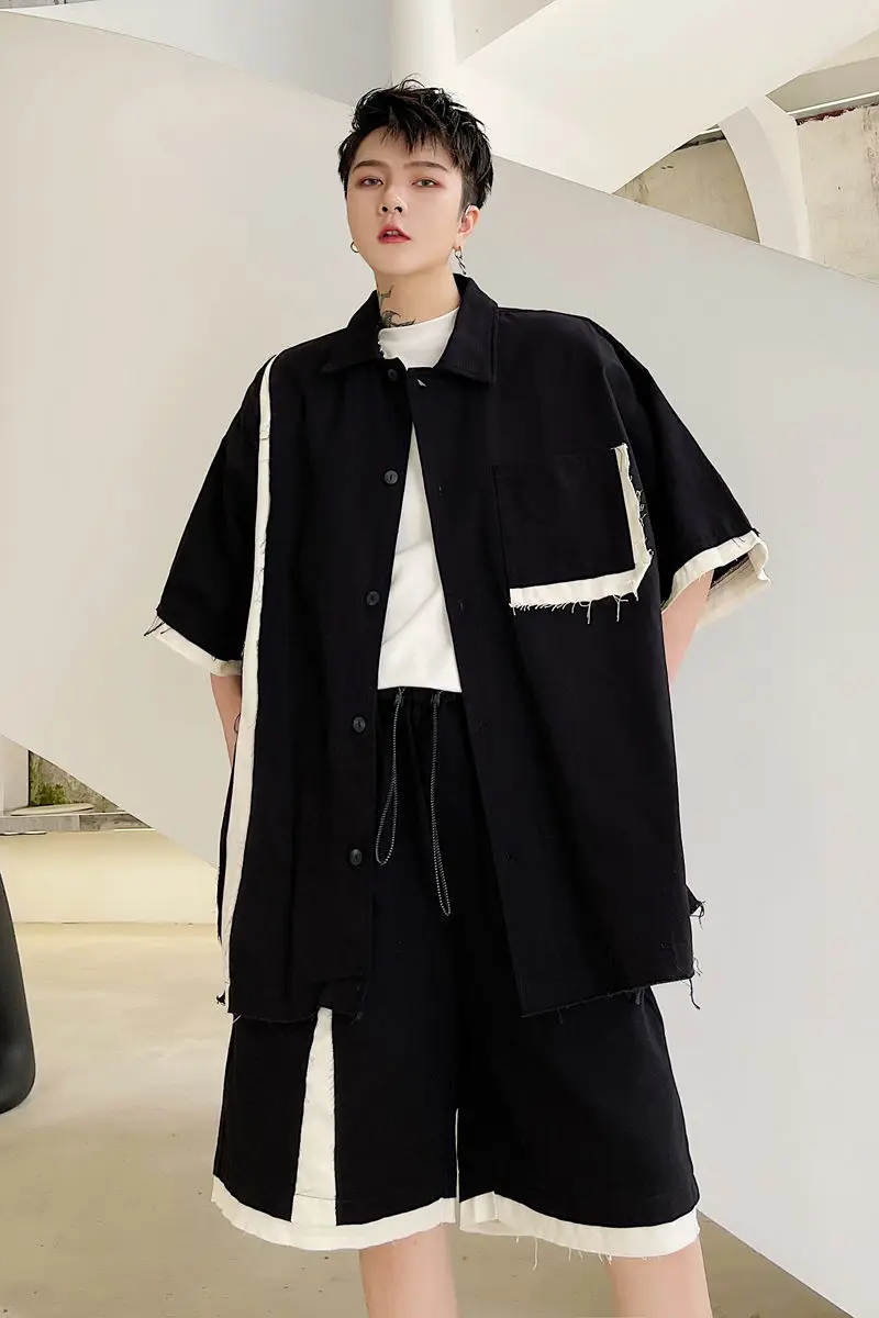 

IEFB 2021 New Men's Clothing Summer Structural Color Matching Loose Men's Short Sleeve Shirt Loose Oversized Black Tops 9Y6995