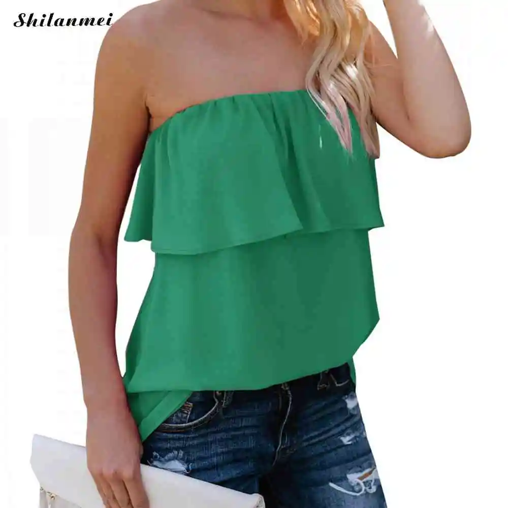 

2019 Summer Women Ruffle Sleeveless Loose Blouses Tops Party Top Blouse Tops Tees Fashion Sexy Casual Solid Strapless Lady Tube