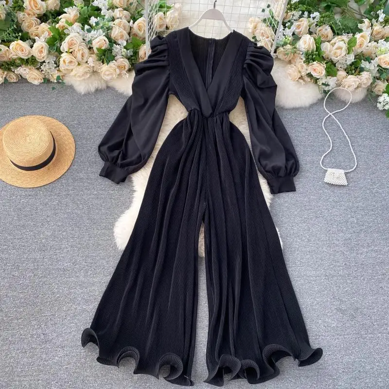 

Neploe 2021 Vintage Jumpsuit bubble sleeve V-neck Jumpsuit High Waist Wide Leg pleated pants flared pants chic tights