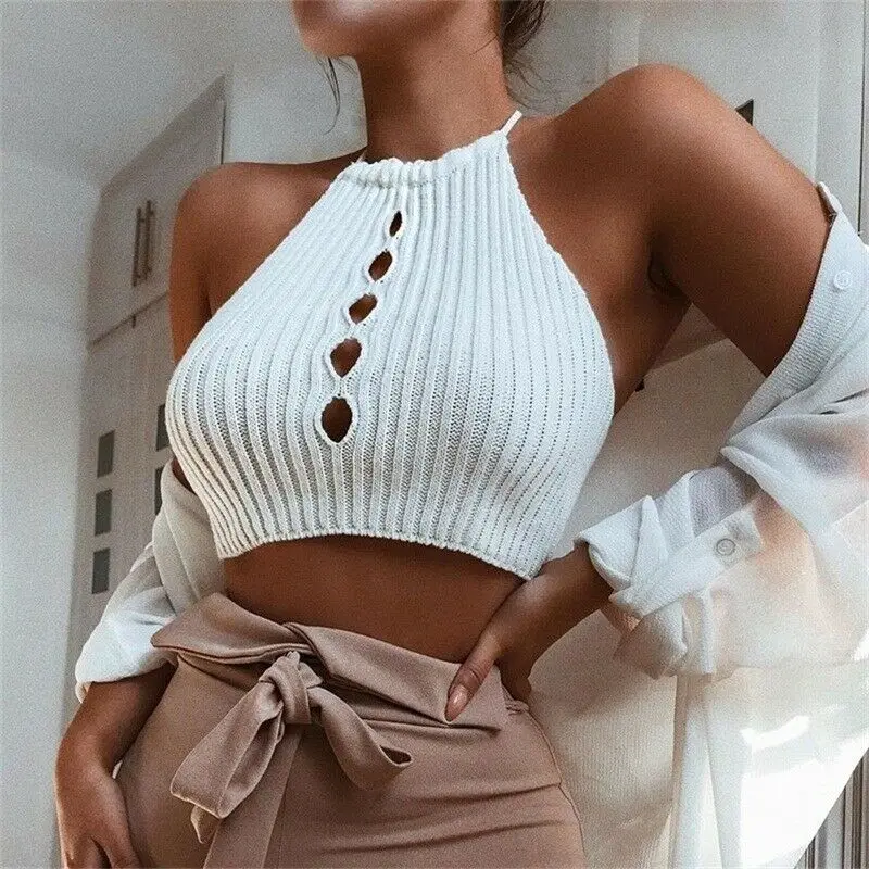 

Women Fashion Summer Knitted Hollow Out Tank Vest Blouse Sleeveless Crop Tops Open Umbilical Chest Openwork Vest