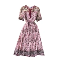 2021 new summer women short sleeve vintage slim dress high quality sweet mesh flowers embroidery runway dress