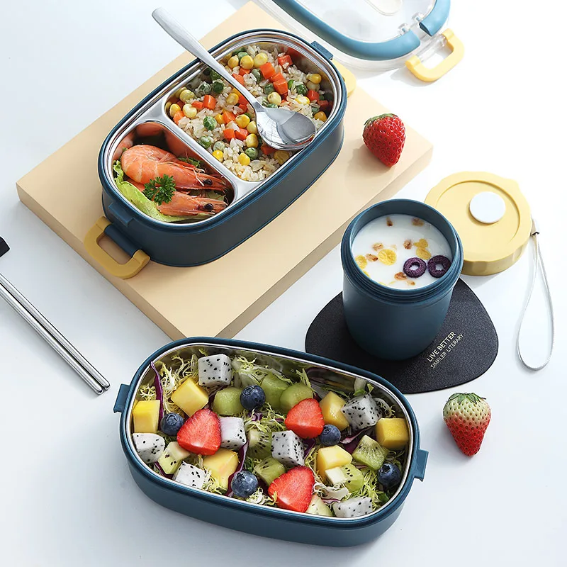 

Double Layer Stainless Steel Lunch Box With Soup Bowl Leak-Proof Bento Box Dinnerware Set Microwave Adult Student Food Container