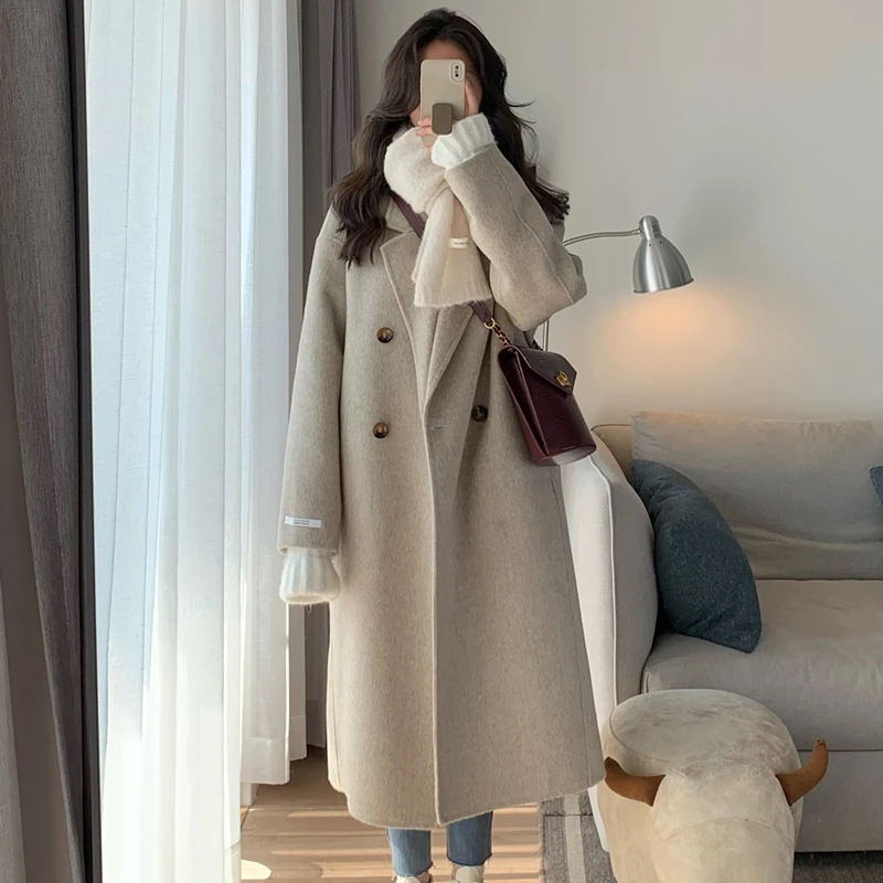 Female Long Sleeve Double Breasted Loose Woolen Fashion Autumn Winter Warm Women Woolen Coat Overcoats