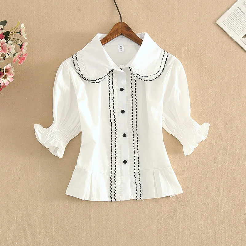 

Hit Color Layered Ruffle Puff Sleeve Blouse Shirt Women Short Office Lady Vintage White Blouse Female Tops Elegant blusa New