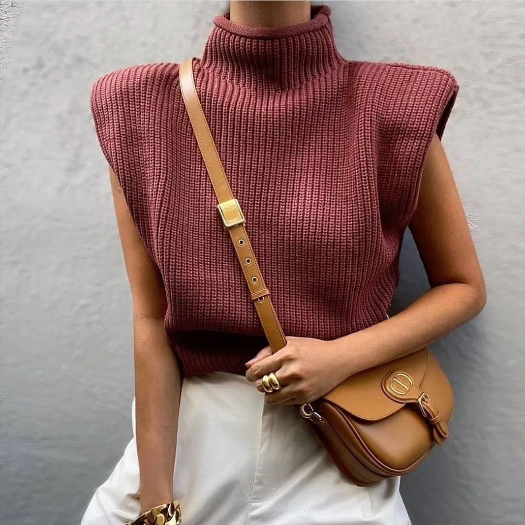 

Solid color sleeveless high neck fashion casual shoulder pad sweater