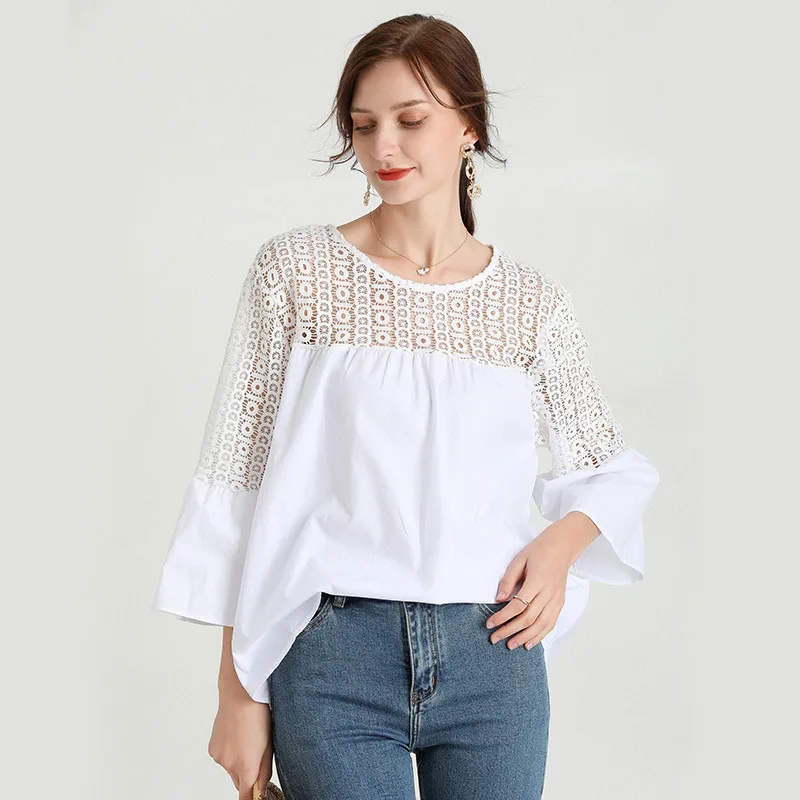 

2021Summer Loose Casual Blouse Flare sleeves Hollow Out Crochet Lace Patchwork Cotton Cute Sexy Flare Tops Fashion Elegant Shirt