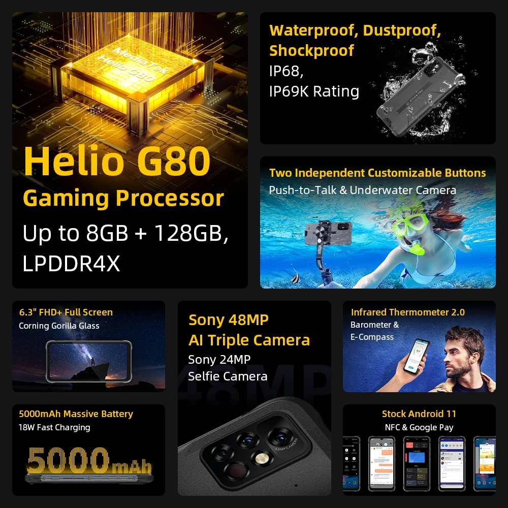 Смартфон UMIDIGI BISON PRO защищенный NFC IP68/IP69K Helio G80 48 МП тройная камера с ии экран 6 3
