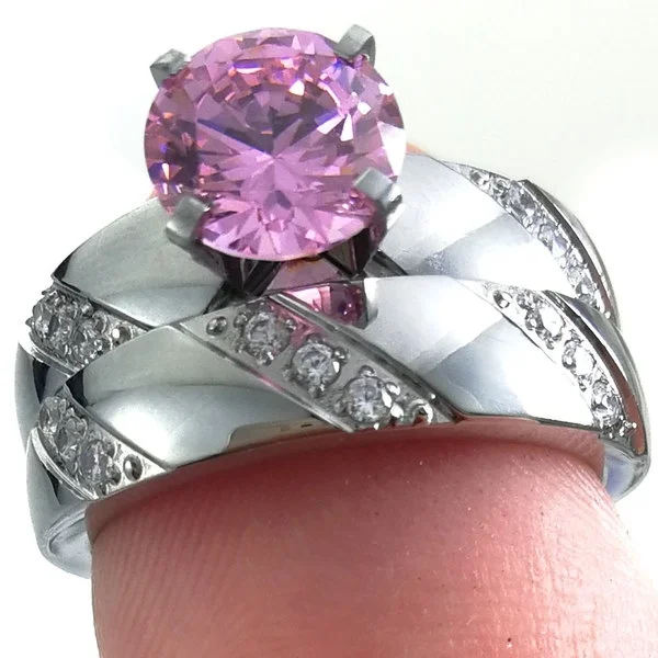

R297 pink stone R298 Size 5-10 hers women's stainless steel wedding engagement ring