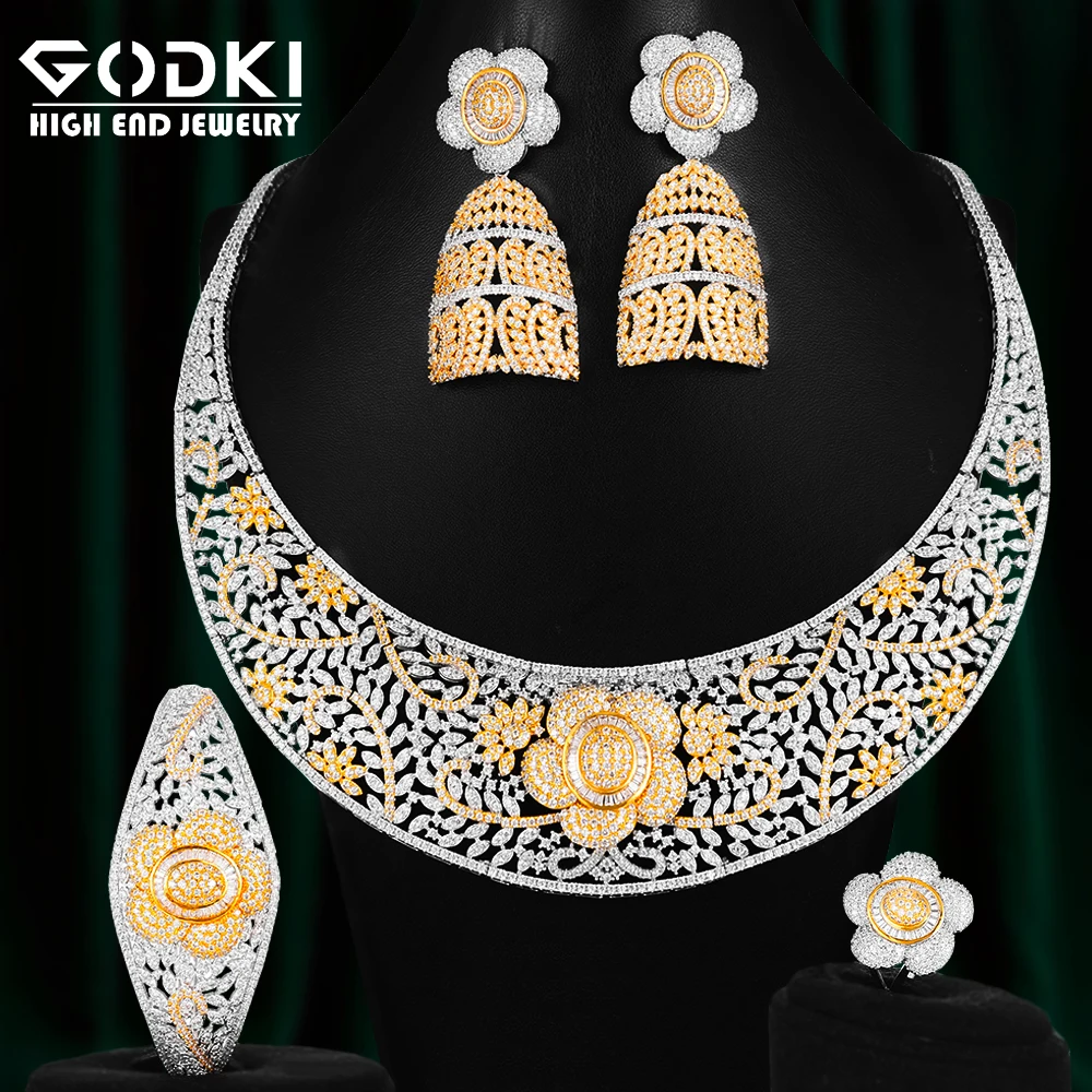 

GODKI большой модный роскошный набор украшений для женщин из 4 предметов, двухцветные цветы, Нигерия, набор украшений для женщин, свадьбы, цирк...