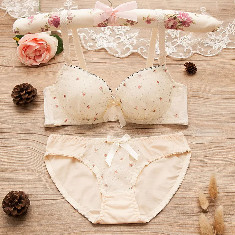 

Puberty Girls Lace Dot Cotton Underwear Set Bra Teenage Underwear Small Breast Bra For Teenage Girls