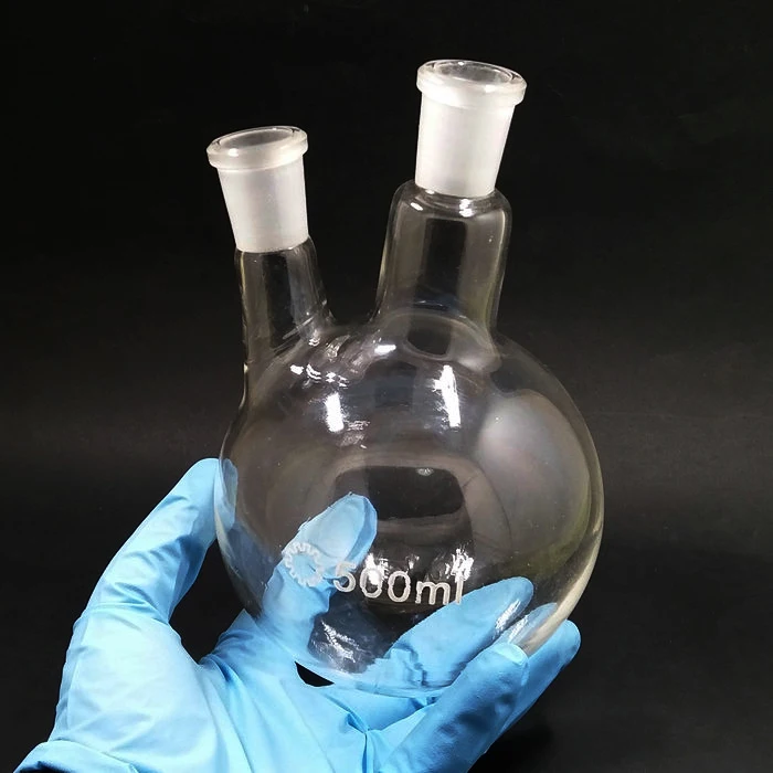 Лабораторная колба из прозрачного стекла с круглым дном и 2 горлышками 1 шт.