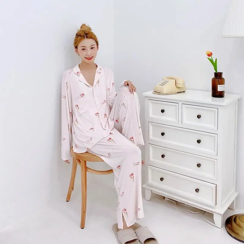 

Women's Pajamas Set Long Sleeve Autumn Modal Cartoon Print Pajamas Loose Can Outside Wear Cardigan Home Clothes Two-piece Suit