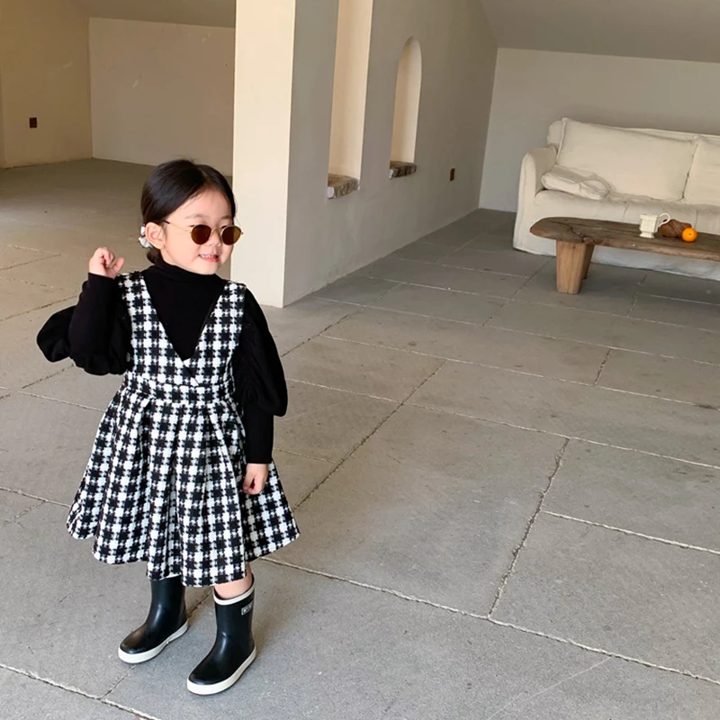 

Spring Autumn Girls Vest Dress Baby Dress Kids Strap Dress Children Clothes Fashion Grid Print Bow Patch Gunny 1 To 6 Yrs
