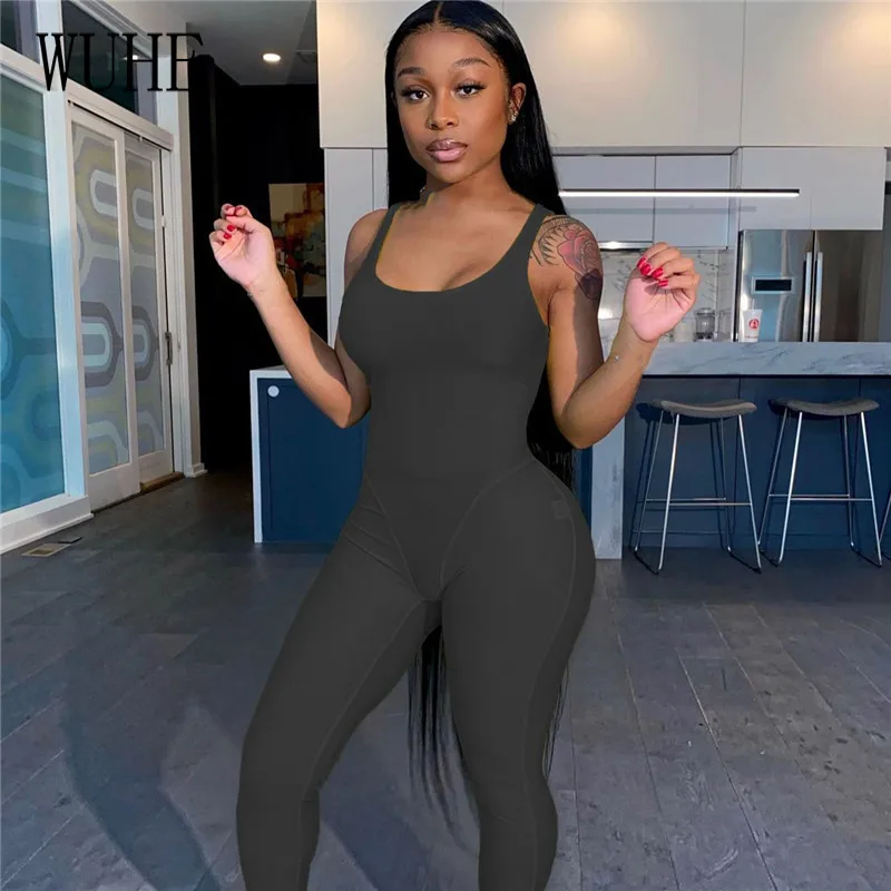 

WUHE Patchwork Mesh Jumpsuits See Through Off Shoulder Sleeveless Square Collar Package Hip Skinny Sports Casual Streetwear