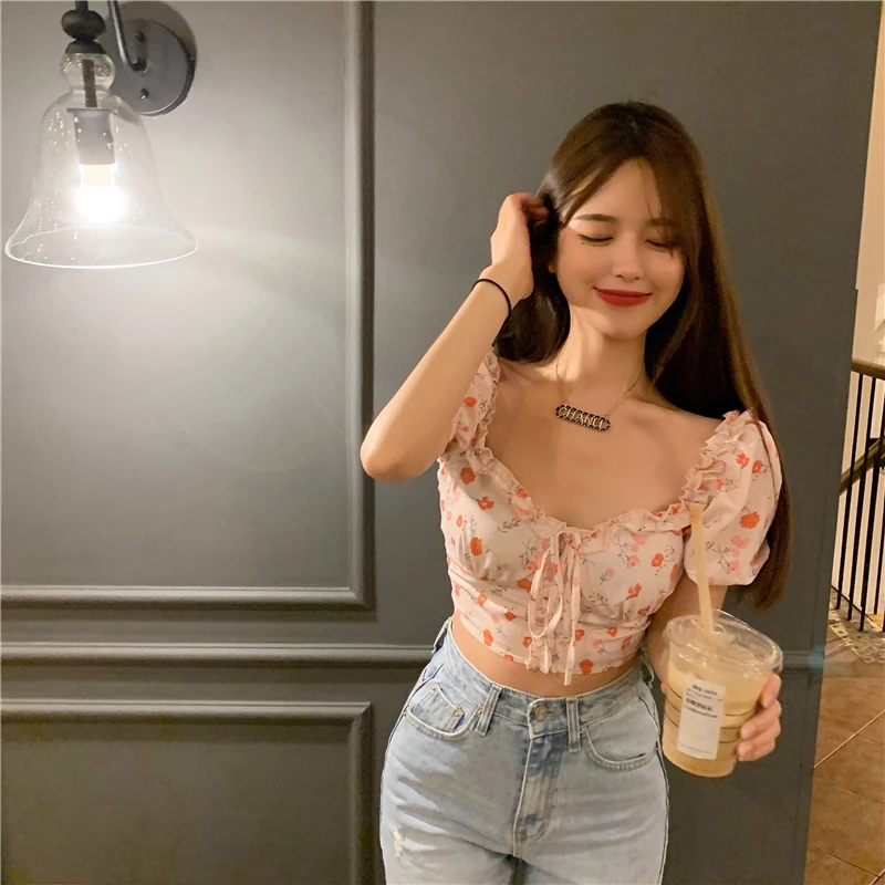 

Summer Sexy Print Square Collar Puff Sleeve Fashion Brand Low-cut Crop Top Ladies Tops Fashion Brand Pink Club Shirts New 2021