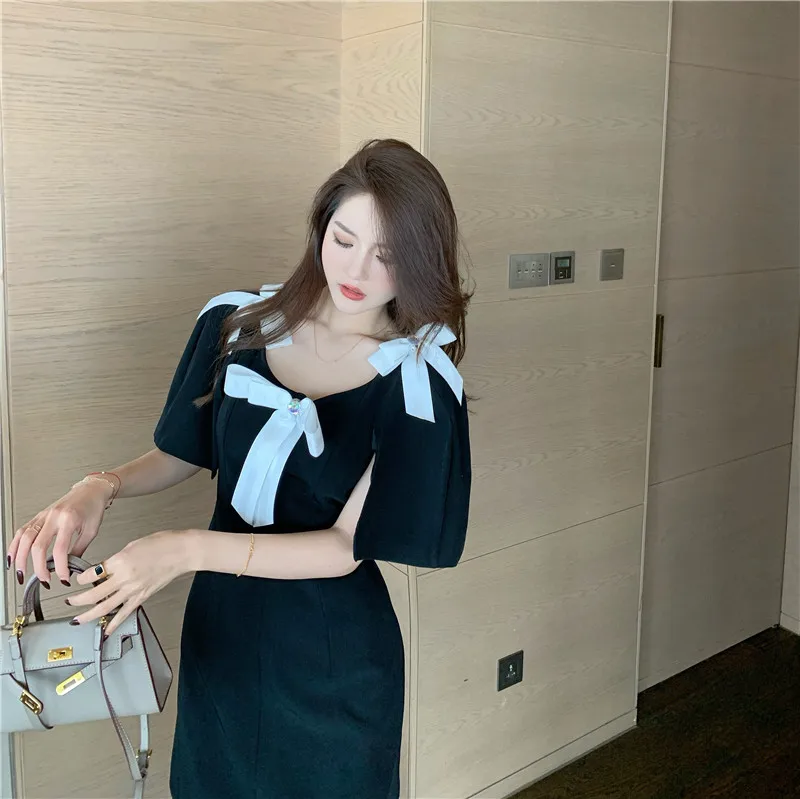 

2021 Spring Women Elegant Black Bow V Neck Flare Sleeve Sexy Hollow Out Backless Mini Dresses Femme Vestidoes