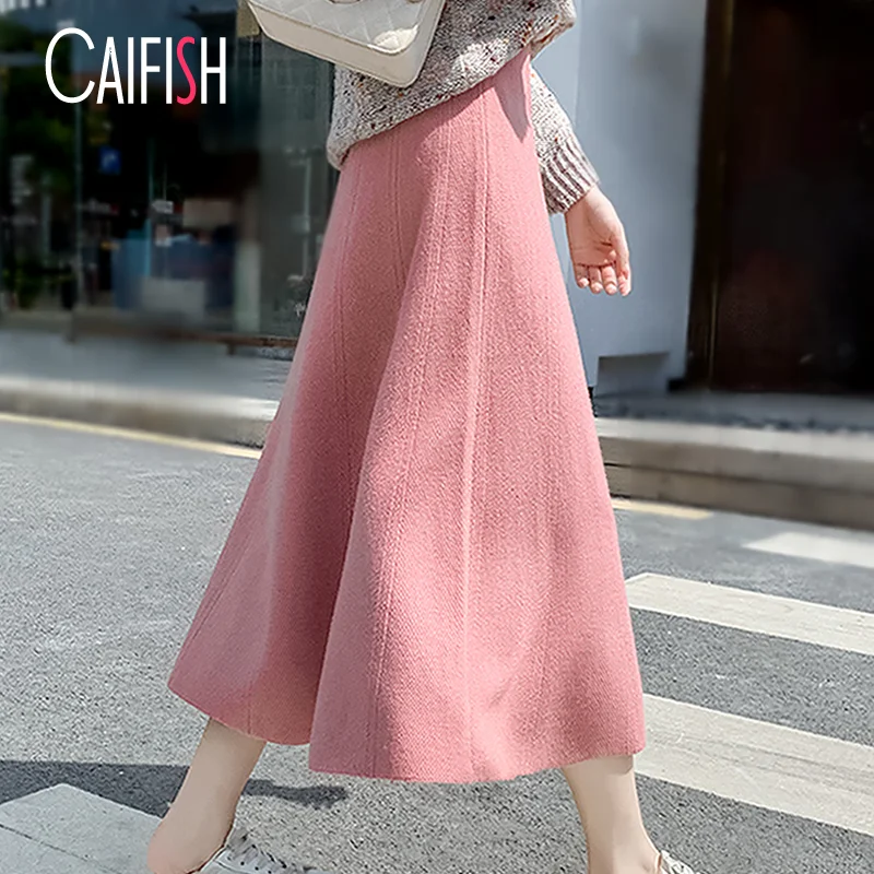 

Юбка CAIFISH женская зимняя с завышенной талией, элегантная плиссированная юбка в Корейском стиле, для офиса, QT1227