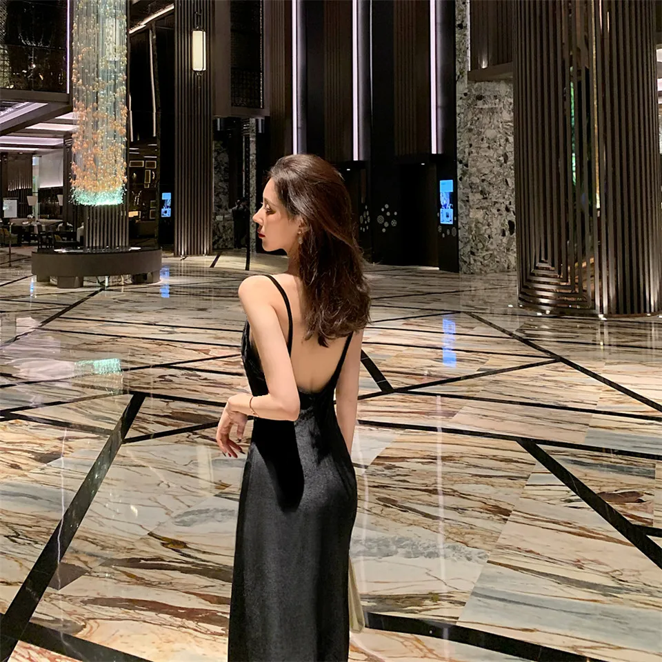 

Summer Retro Casual Backless Spaghetti Strap Dress Women Fashion V-Neck Velvet Split Party Dresses Vestidos Female Mujer
