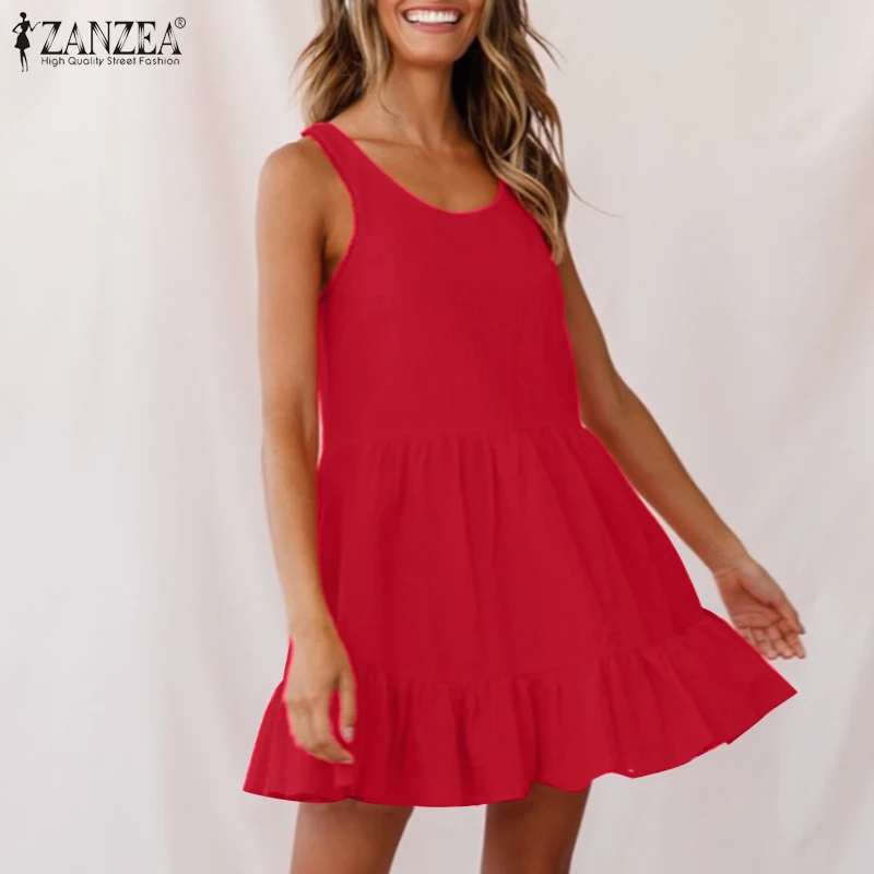 

Women's Solid Summer Sundress ZANZEA 2021 Elegant Short Ruffle Dress Casual Sleeveless Tank Vestidos Female O Neck Mini Robe