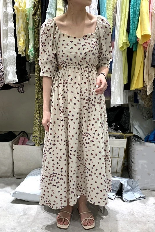 

French Style Retro Square Collar Dress for Women 2021 Summer New Elegant Loose Waist Slimming Mid-Length Dress Print Faldas