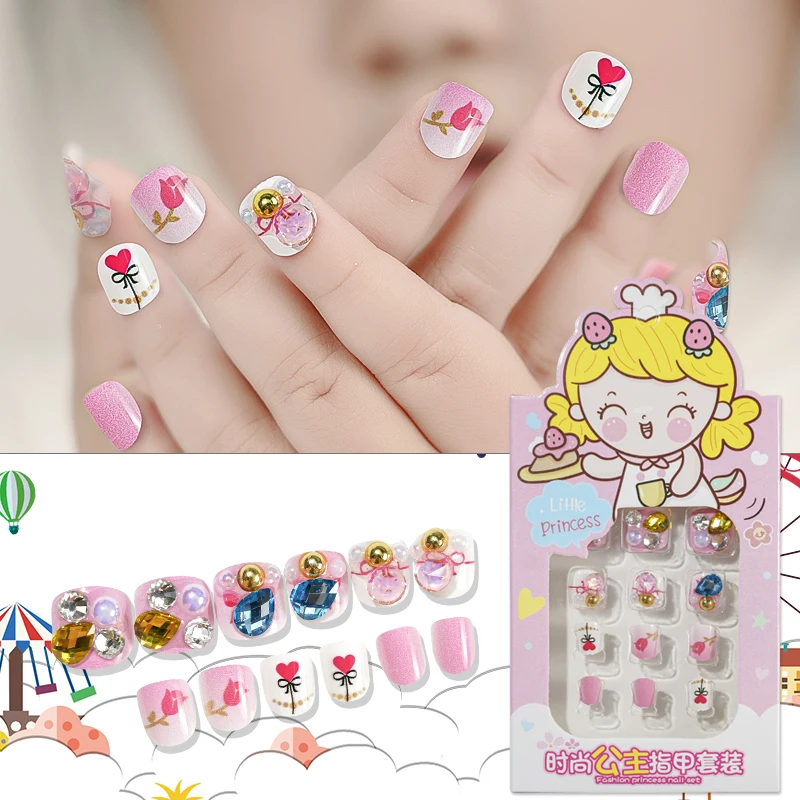 

1Box Girls Self- Adhesive Fake Nails 3D Rhinestone Cute Cartoon Full Cover Colorful False Nail For Student Girls Manicure Tool 1
