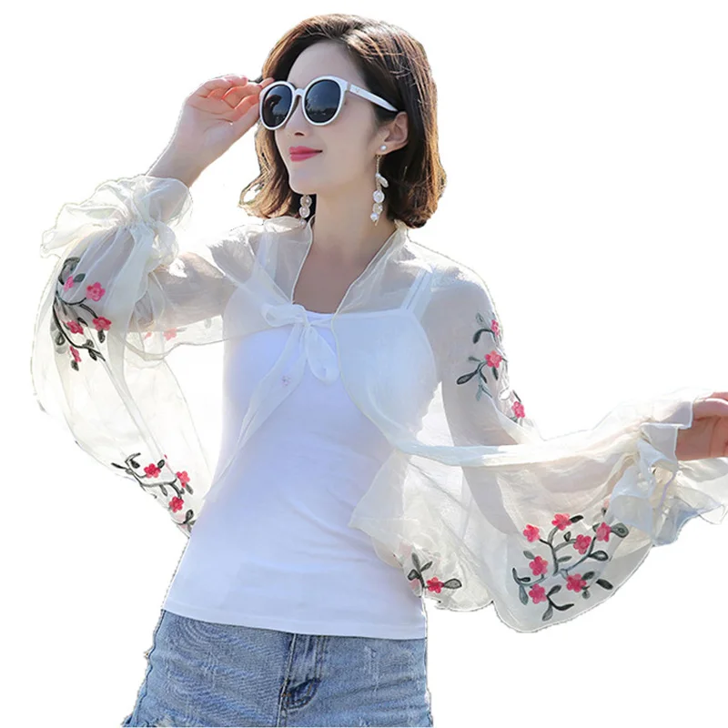 

Summer sunscreen clothing flower embroidery chiffon sunscreen shawl driving riding sleeve multifunctional silk scarf S8B0846