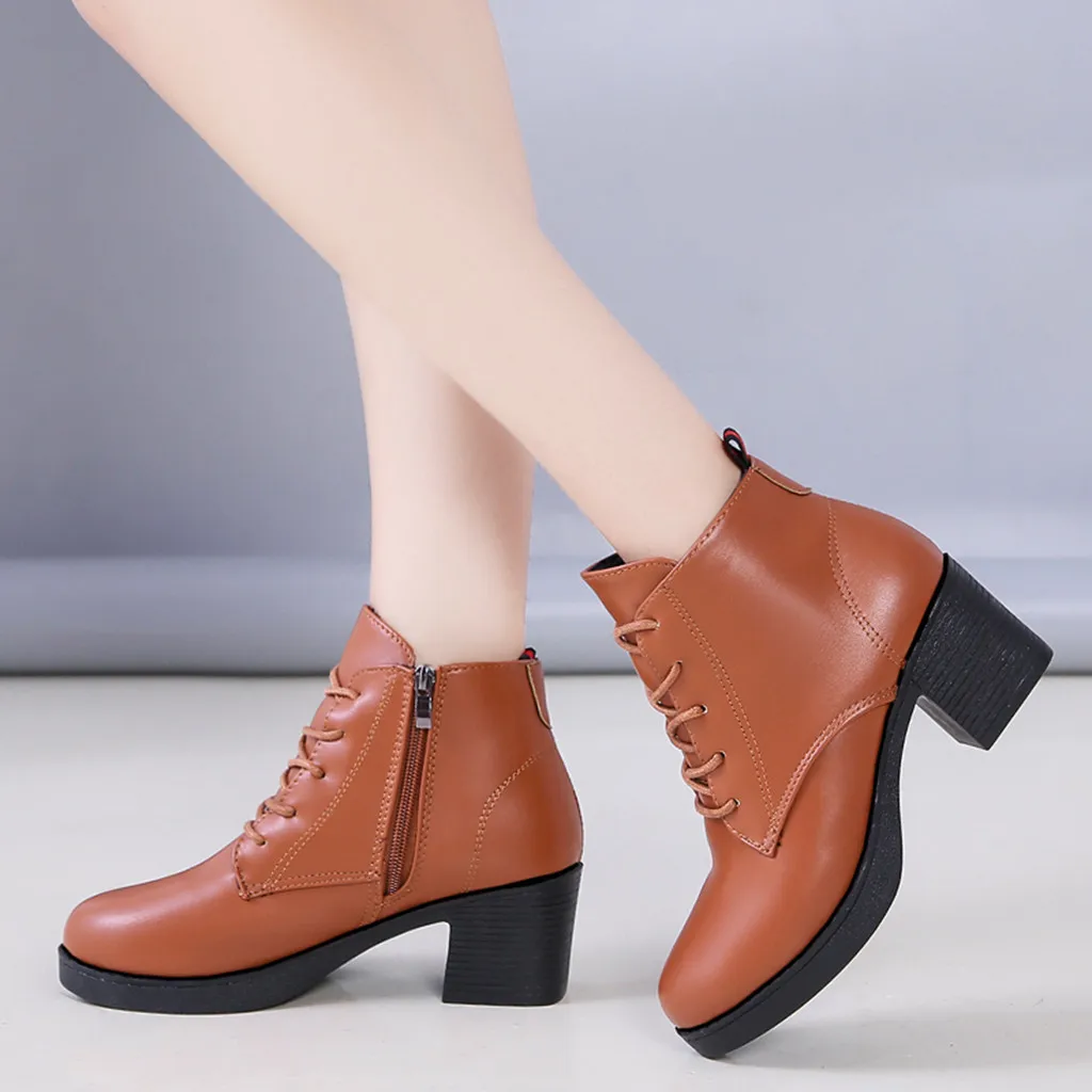 Женские кожаные ботильоны на шнуровке осенне зимние полусапожки толстом