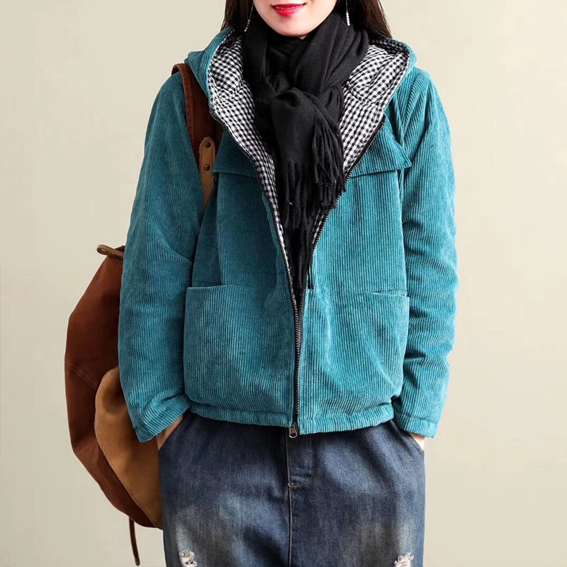 Новинка 2019 года. Однобортные женские вельветовые пальто с капюшоном в винтажном