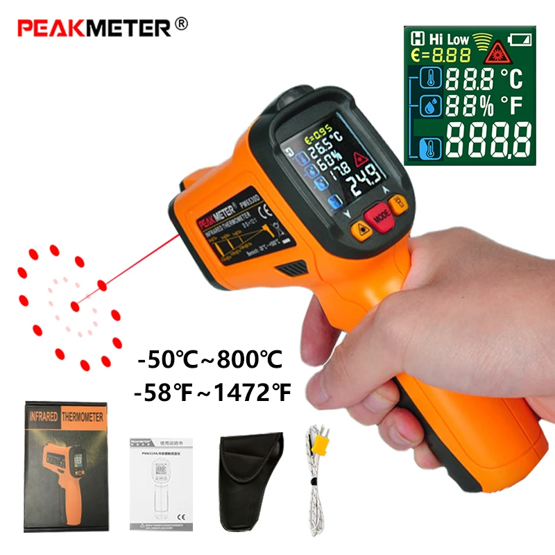 Лазерный цифровой инфракрасный термометр PEAKMETER PM6519B с ЖК-дисплеем измеритель