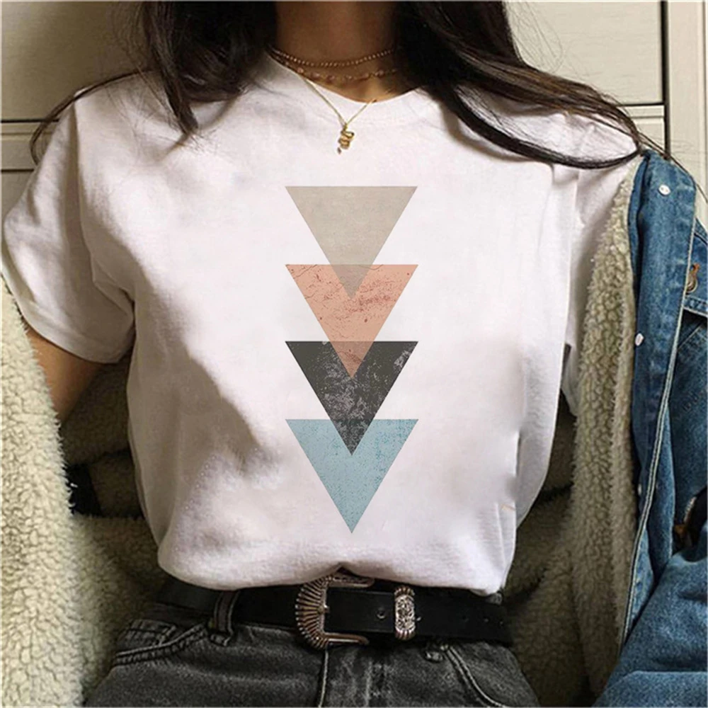 

Women Simple Design O-Neck Fashionable Geometry Pattern Short Sleeve Printed T Shirt