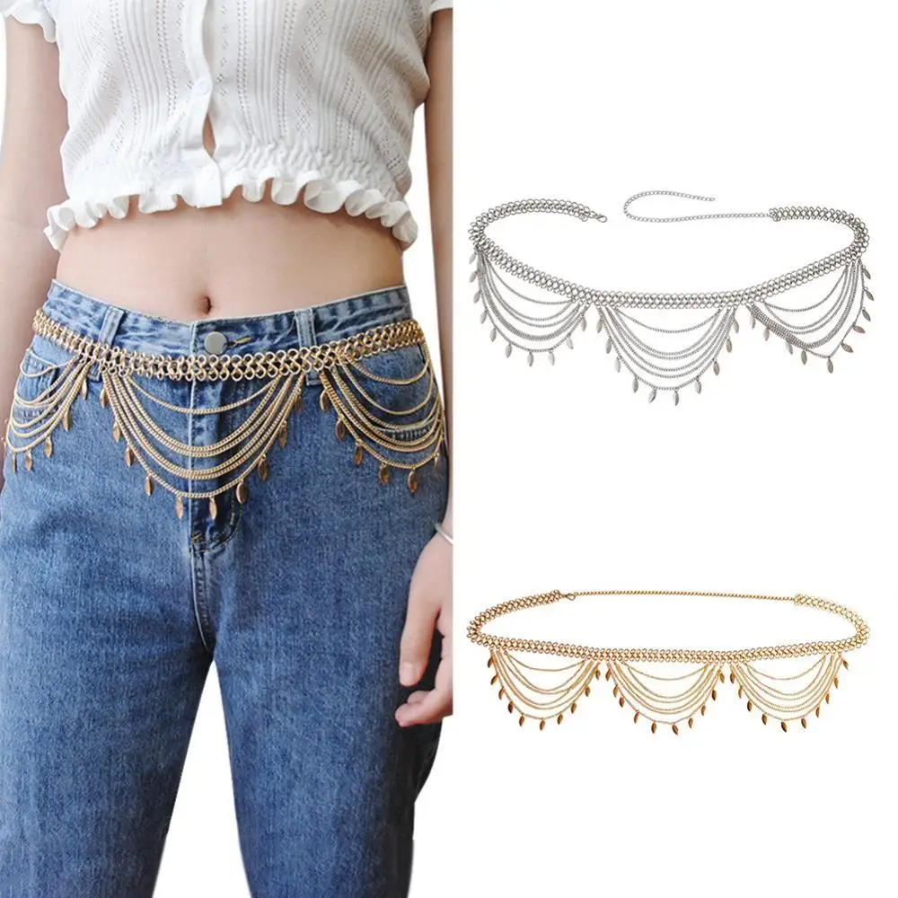 

Women Multi-layer Leaf Pendant Adjustable Metal Belly Waist Chain Belt Waistband