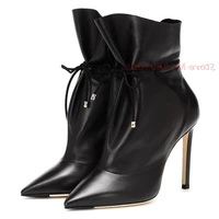 leather ruffle heeled ankle boots women elegant front lace up black booties 2022 newest super high thin heel shoes british style